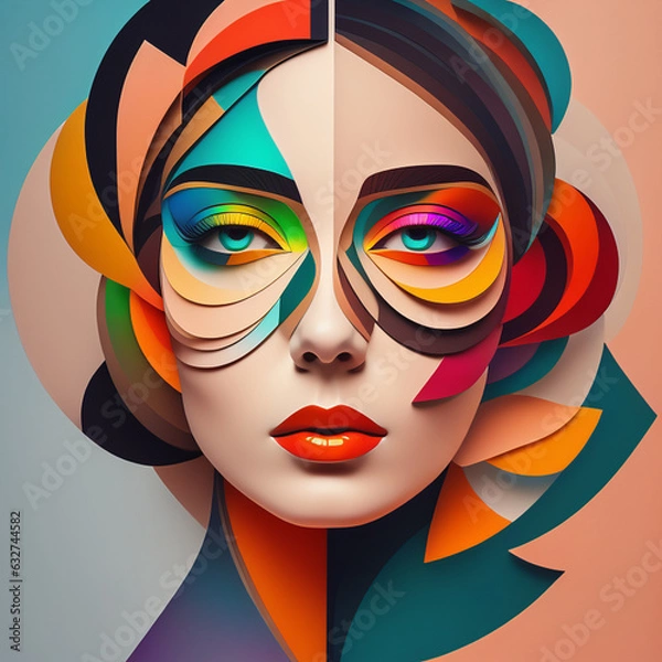 Obraz Abstract artwork that uses colorful overlapping shapes to create a portrait of a beautiful female. The look should be inspired by the unique painting styles . AI Generative