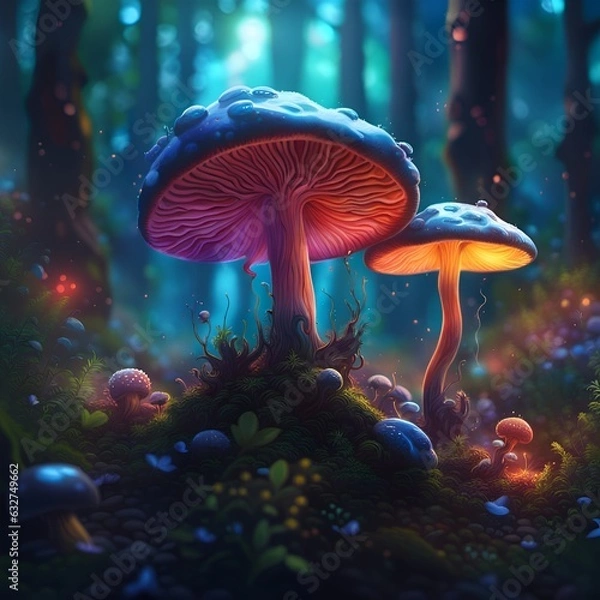 Fototapeta Fluorescent magic mushrooms on a dark background, illustration in sketch style, created with AI generative tools