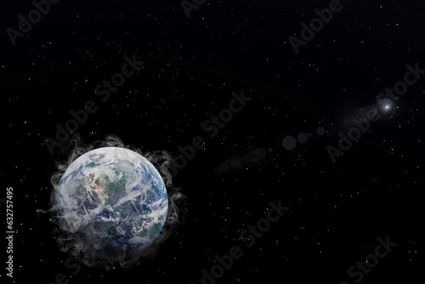 Fototapeta Planet Earth is on smoke and shining sun in the dark background. 3D Rendering Illustration Wildfire political concept idea in 8K resolution