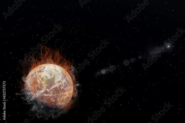 Fototapeta Planet Earth is on fire and smoke with a shining sun in the dark background. 3D Rendering Illustration Wildfire political concept idea in 8K resolution