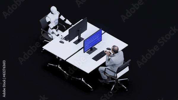 Fototapeta Humanoid AI Cyborg machine sitting in front of a working man in the office. 3D rendering illustration Smart factory, industry 4.0, M2M computer-aided manufacturing concept in 8k resolution