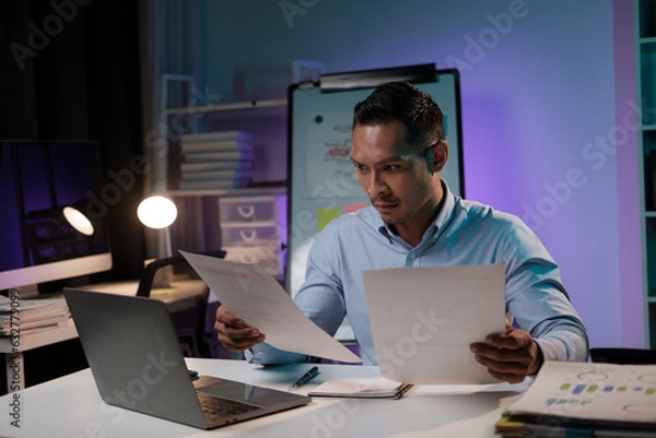 Fototapeta Hardworking Asian businessman focusing on his project, holding papers in his hands, working overtime at night alone in the office.