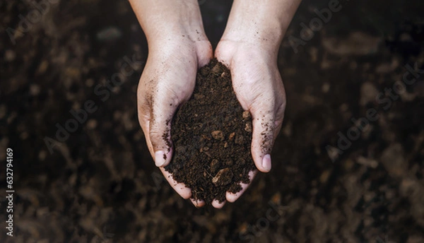 Fototapeta young man holding black soil Planting green seedlings on soil. Top view. Nature care concept. Environment, net zero.