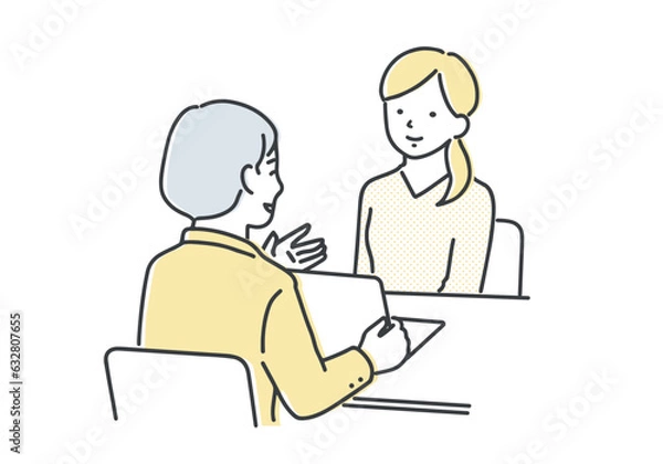 Obraz 担当者の説明を聞く若い女性