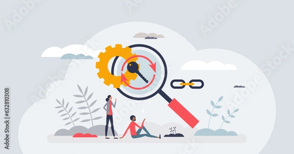 Fototapeta SEO optimization and search engine effective development tiny person concept. Link strong keywords to increase website ranking vector illustration. Web strategy with digital performance improvement.