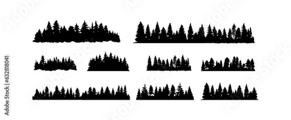 Obraz Set of treeline forest trees silhouette isolated on white background. Nature trees panorama vector illustration