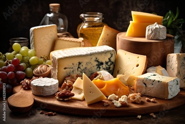 Obraz Assortment of cheese on wooden table, closeup. Dairy products. Cheese Selection. Large assortment of international cheese specialities.