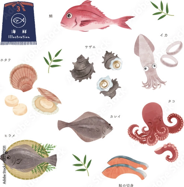 Fototapeta いろいろな魚の水彩風イラストセット（3）
