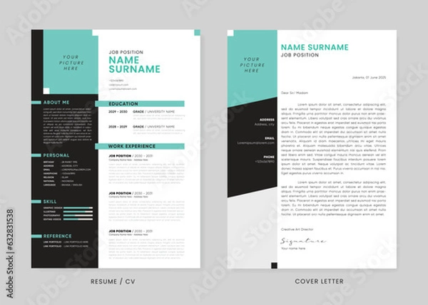 Fototapeta Minimalist CV Resume and Cover Letter Design Template. Curriculum Vitae Clean and Clear Professional Modern Design. Stylish Minimalist Elements and Icons with blue cyan, and black Colors.