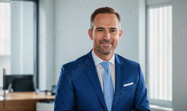 Obraz mid shot of happy middle aged business man ceo standing in office arms crossed. Smiling mature confident professional executive manager, proud lawyer - generative AI