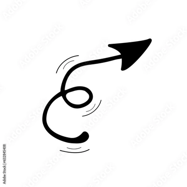 Fototapeta Vector black arrow doodle isolated icon on white background. Curly, swirl pointer design element.