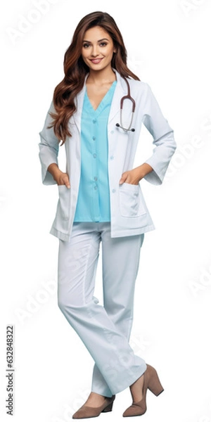 Obraz Full length portrait of smiling female doctor with stethoscope