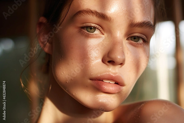 Obraz A dewy-skinned woman basks in the joy of summer, her beautiful face radiating with wellness by the pool