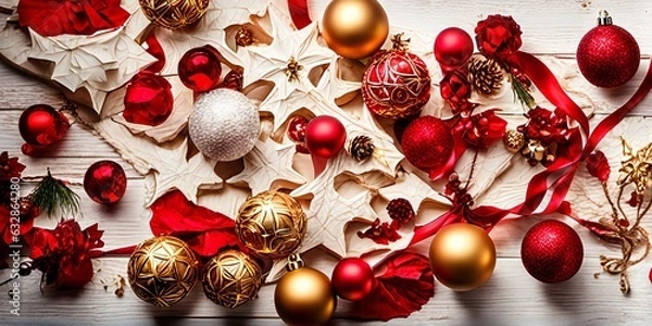Fototapeta Christmas decorations, red and white balls and red ribbons with various other decorations on a white wooden table - AI-Generated