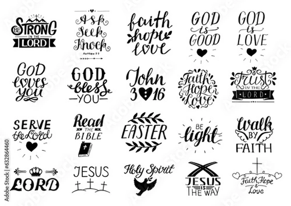 Obraz Set of 12 Hand lettering christian quotes . Biblical background. Poster. Modern Calligraphy Card Scripture print	