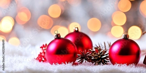 Fototapeta Red large Christmas ball tree decorations with lights in the background - AI-Generated