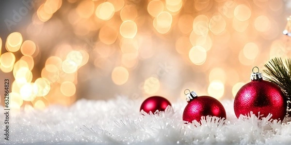 Fototapeta Three red balls Christmas decorations on snow with lights in the background. - AI-Generated
