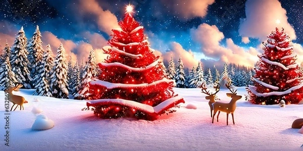 Fototapeta Christmas trees, two red, and reindeer in a snowy field with an evening sky - AI-Generated