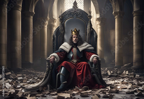 Obraz King sitting on a throne in a damaged hall