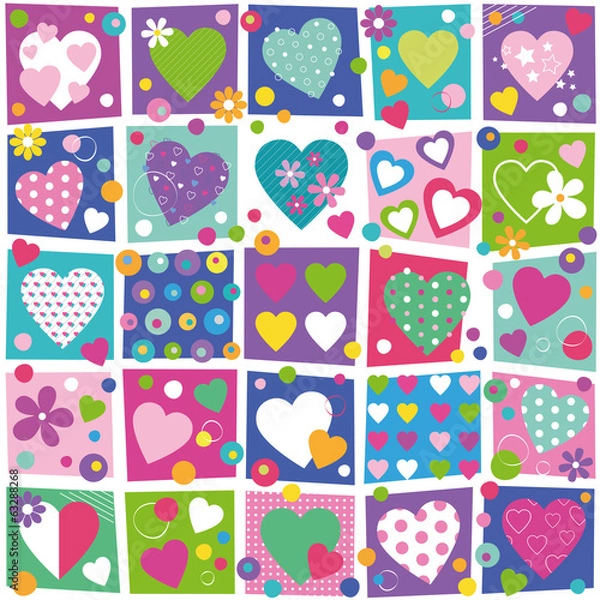 Obraz colorful hearts flowers and dots collection pattern
