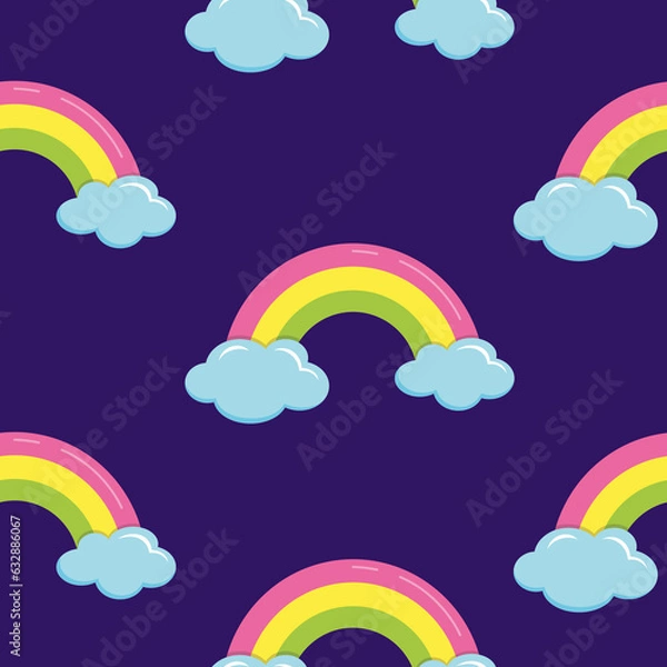 Fototapeta Cloud, rainbow texture. Kids cartoon background. Abstract rainbow graphic design on blue background. Cute fairy tale backdrop. Rainbow fabric print art. Rainbow pattern. illustration. Baby wallpaper.