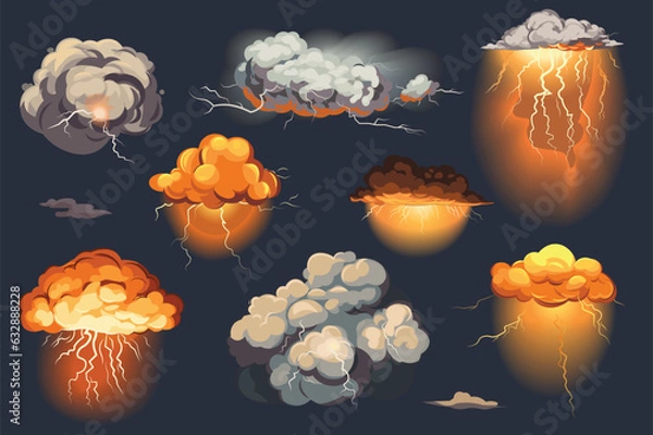 Fototapeta Storm set in the flat cartoon style. A stunning set of illustrations on a dark background showing dramatic storm clouds in a vibrant lightning design. Vector illustration.