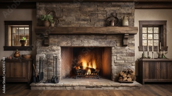 Obraz Rustic farmhouse wood beams fireplace