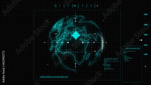 Fototapeta world Satellite GPS motion aerial analysis element. HUD User Interface. Aerospace in the Air Force. Aircraft Planes detected by satellite camera. Ui and Ai interface, modern military technology