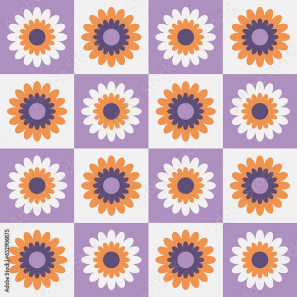 Obraz Retro floral square background granny style. Crocket knitted plaid seamless pattern patchwork flowers.