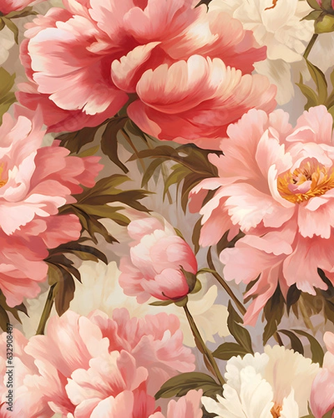 Fototapeta Peony flowers watercolor  seamless pattern 