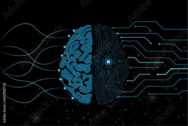 Obraz Human brain with two halves. Wired brain to artificial intelligence.