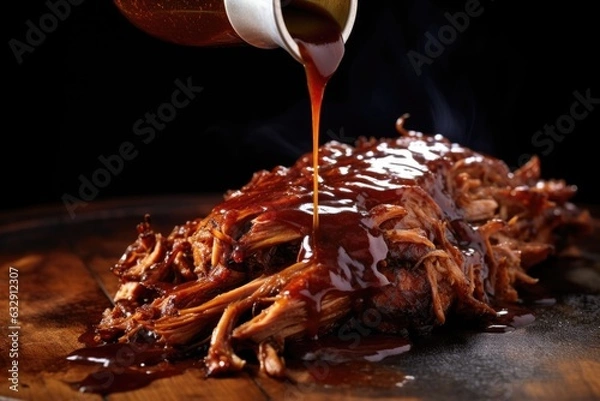 Fototapeta bbq sauce dripping from juicy pulled pork