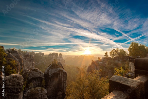 Obraz the sun rises at the elbsandsteingebirge