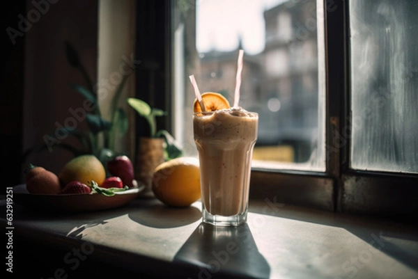 Fototapeta Milkshake with fruits on wooden table against window