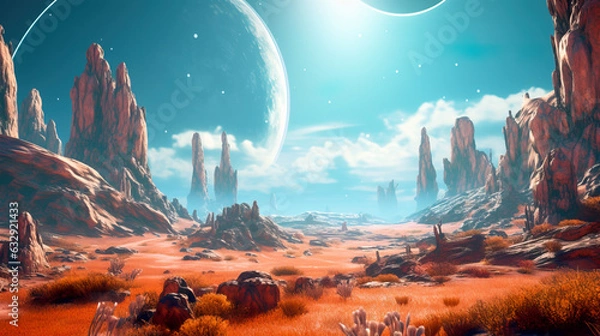 Fototapeta Retro futuristic Sci-fi wallpaper. Alien planet landscape. Breathtaking panorama of a desert planet with strange rock formations against background of beautiful sky with clouds.