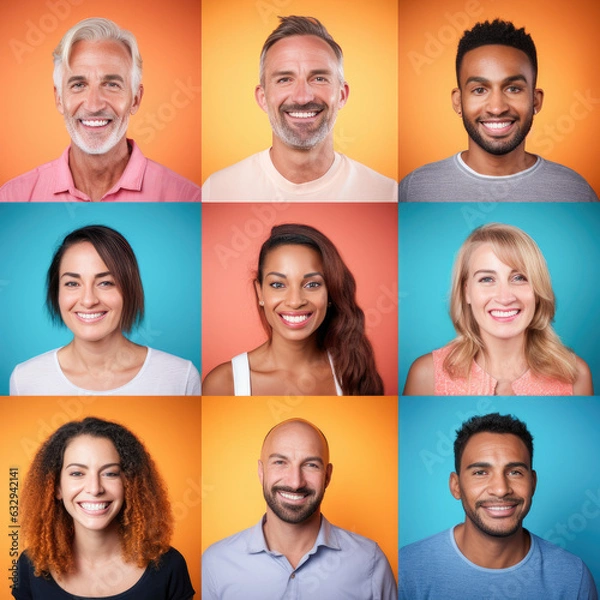 Fototapeta Photo collage portrait of multiracial smiling people with different ages looking at camera. Mosaic of happy modern faces. 
