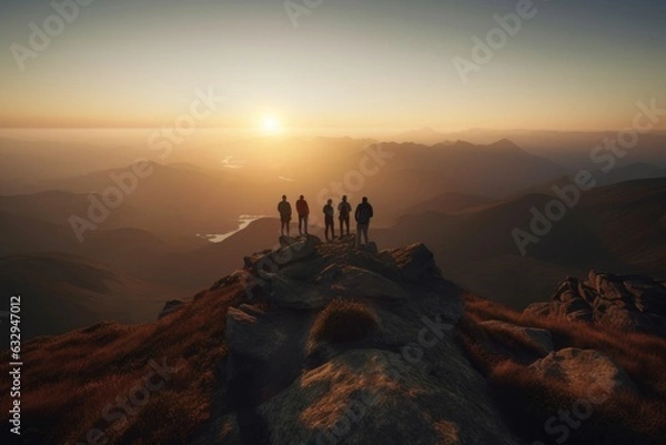 Fototapeta A group of hikers standing on a mountain peak, enjoying the breathtaking view. The essence of adventure and exploration. Generative AI.