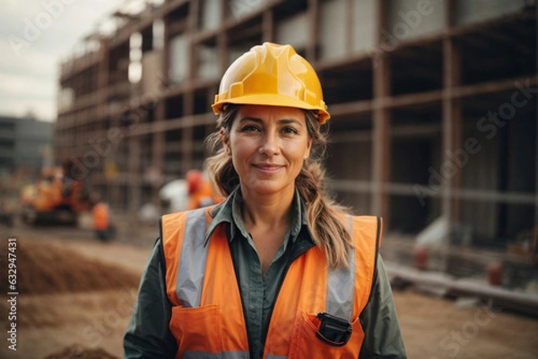 Fototapeta woman working on a construction site, construction hard hat and work vest, smirking, middle aged or older. Image created using artificial intelligence.
