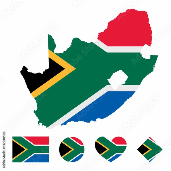 Obraz Vector of South Africa map flag with flag set isolated on white background. Collection of flag icons with square, circle, love, heart, and rectangle shapes.