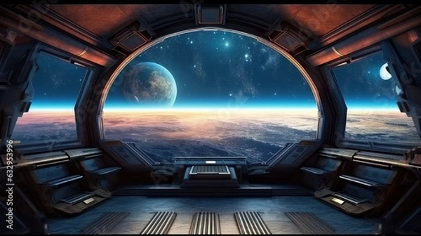 Fototapeta Futuristic Space Station Interior with Sleek Technology and Endless Stars Visible Through the Window, Floating in the Milky Way