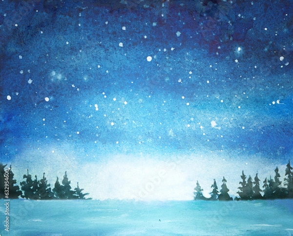 Obraz Watercolor illustration of night sky with fir trees and stars, snow falling on blue sky 