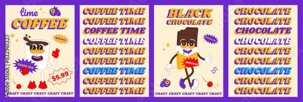 Fototapeta Fashionable psychedelic posters with funny sweet characters. Cheerful coffee and chocolate mascot. Poster design for cafe, bakery, menu. Vector illustration in cartoon style.