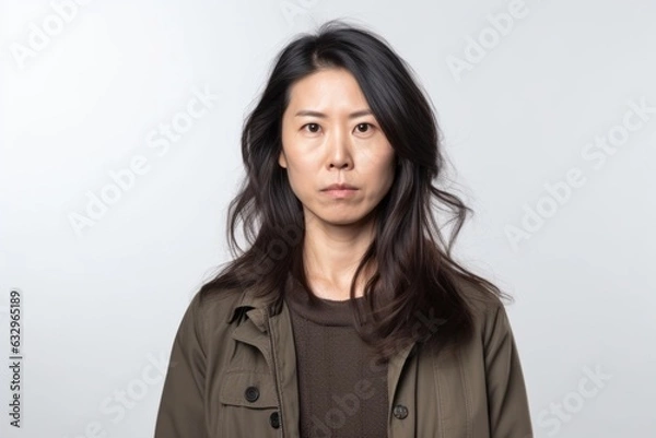Obraz Group portrait photography of a woman in her 30s with furrowed brows and a tense expression due to hypertension wearing a chic cardigan against a white background 