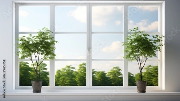 Fototapeta window with green grass and sky, ai generative