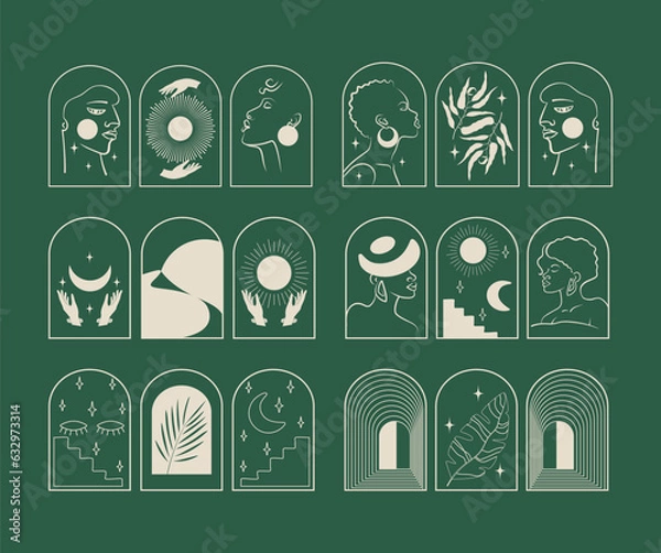 Fototapeta Set of vector linear aesthetic emblems with people and nature