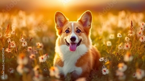 Obraz Charming corgi dog with flowers in the spring. 