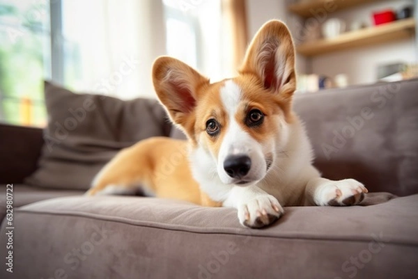 Fototapeta Beautiful, smart, calm purebred corgi dog lying on on sofa in living room. 