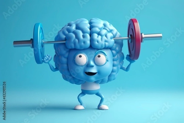 Obraz Human brain lifting weights. 3D brain lifting a heavy dumbbell. Mind training, memory health, Alzheimer's prevention, brain training, education, study and menthal health concept. 