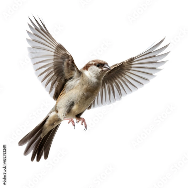 Obraz a House Sparrow in-flight in a Nature-themed, photorealistic illustration in a PNG format, cutout, and isolated. Generative AI