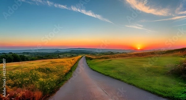 Fototapeta 色彩豊かな夕日の風景、海、山、自然、雲